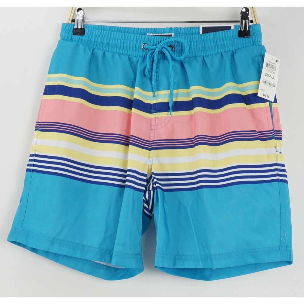 New Club Room Men's Small x 7" Light Blue Yellow Pink Striped Lined Swim Trunks